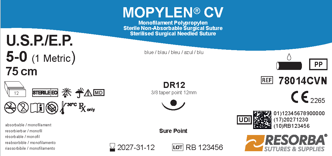 Мопілен CV USP 5-0 синій, довжина 75 см, колюча голка Sure Point 12 мм, 3/8 кола